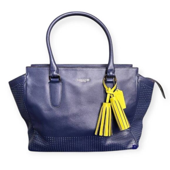 Coach VINTAGE Y2K Legacy Perforated Navy Blue & Bright Citrine Accents Tote Shou - Picture 1 of 16